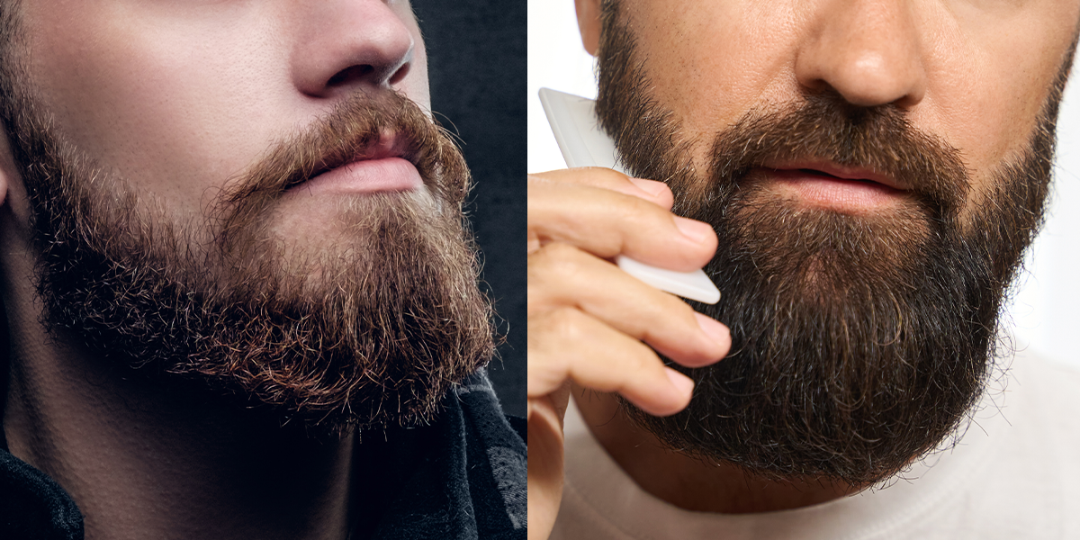 Left image shows a frizzy beard; Right image shows a perfectly tamed beard