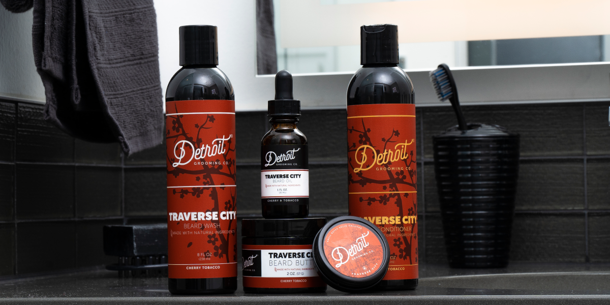 Detroit Grooming beard wash, conditioner, oil, butter, and solid cologne